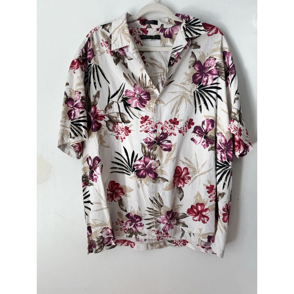Geoffrey Beene Pink Floral 100% Silk Button Up Hawaiian Shirt Men’s Size Large